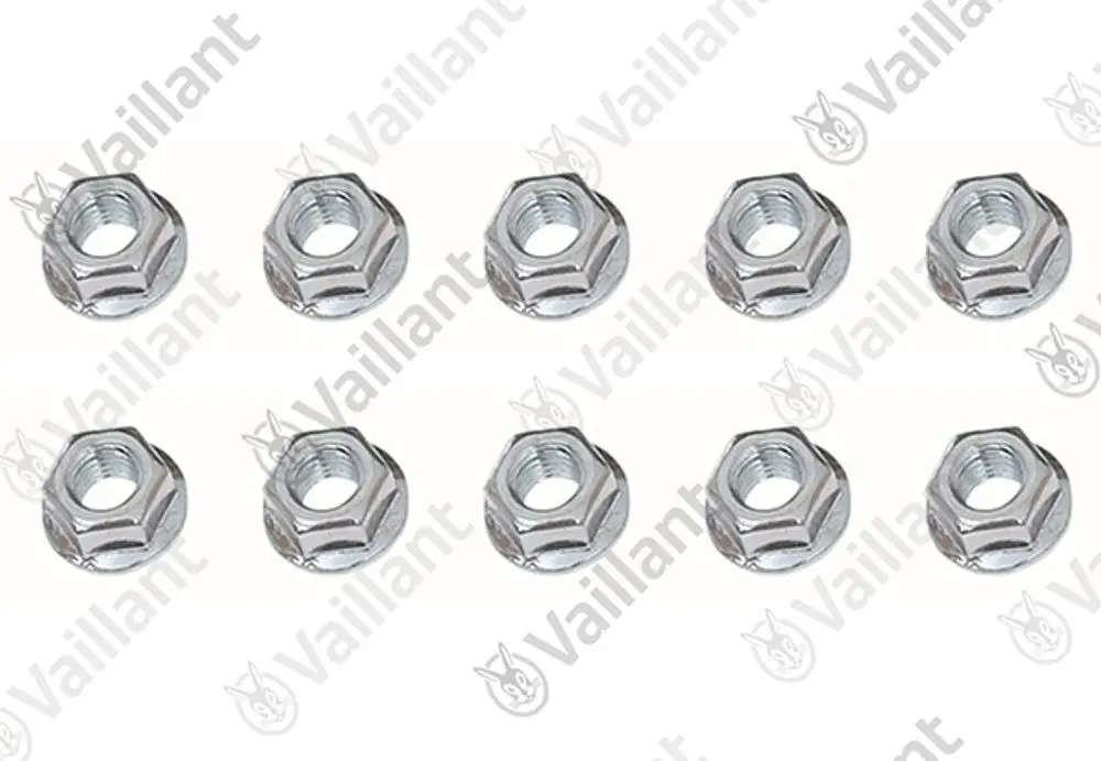 Zeile mit zehn Vaillant-Muttern, die aus Metall gefertigt sind, mit sechseckiger Form und Innengewinde.